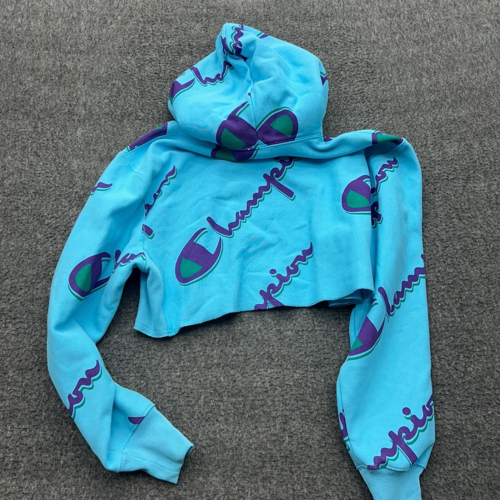 Champion Reverse Weave Hoodie Womens Medium Blue Crop All Over Print Sweatshirt - Picture 8 of 8
